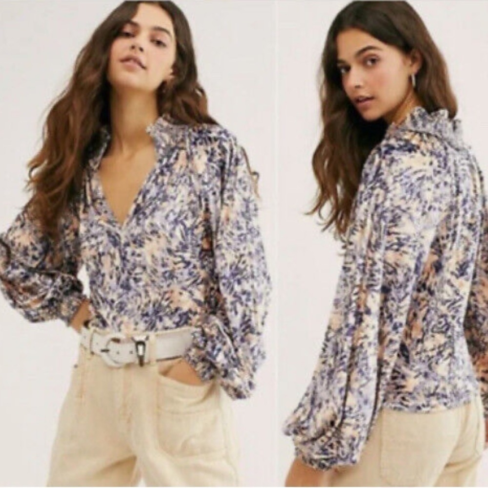 Free People Go Get ‘Em Velvet Blouse, Ivory Comb, Size XL - Picture 2 of 11